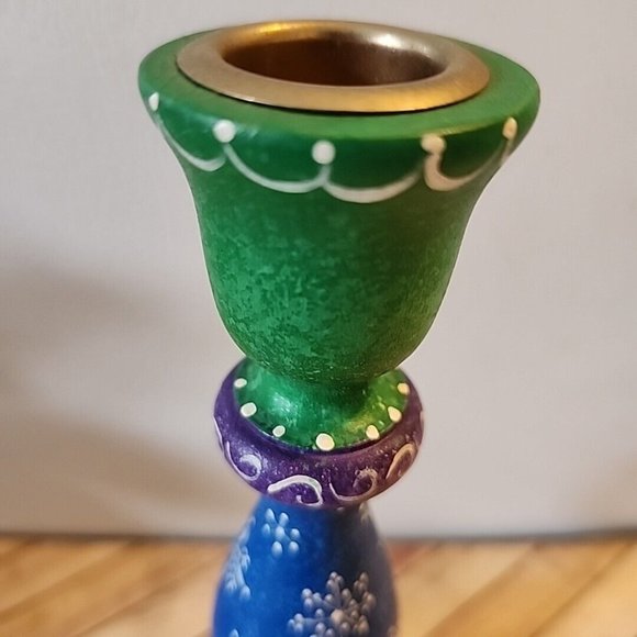 7" Colorful Wooden Candle Holder Snowflakes Purple Blue Hand Painted Made/USA - Picture 10 of 10